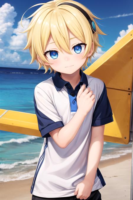 (1boy:1.4), (very short hair), crew cut, (solo:1.4), sfw, (bulge:0.4), male character, ((masterpiece)),
multicolored background, hair between eyes, highlight in eyes, (blonde hair:1.4), full shot
(polo shirt :1.4), short pants, colorful eyes,  male character
multiple details, sky, sea, beach , outside, short hair, handsome,  beautiful eyes (vocaloid), delicate features, high light in eyes, (narrow chin:1.5), triangle chin, (introvert:1.6)
petite, young, juvenile, short hair, male face, detailed beautiful little boy, adorable boy, sparkling eyes,
faint smile, energetic eyes