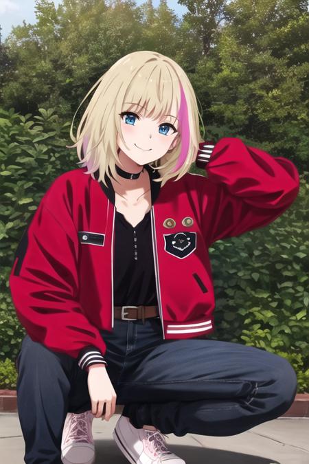 masterpiece, best quality, ultra-detailed, ray tracing, perfect lighting, (shiny skin:1.2),<lora:Kawai_rika:1> Kawaii_R ,1girl,solo, blue eyes, blonde hair, multicolored hair, streaked hair, black shirt, red  jacket, letterman jacket, open jacket,choker, shoes, pants, belt, denim, jeans, black footwear, black belt, smile, outdoors,