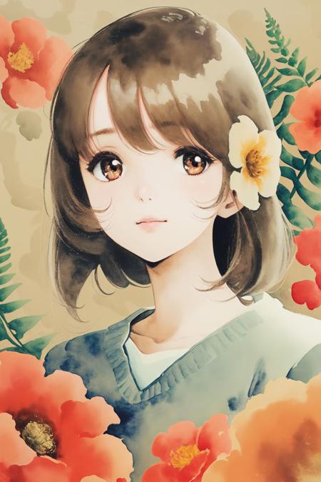 watercolor \(medium\),  portrait, solo, 1girl, dark brown hair, bronze eyes, bright, Lace_fern \(flower\), floral background <lora:Mikimoto_haruhiko_style_v02:1>