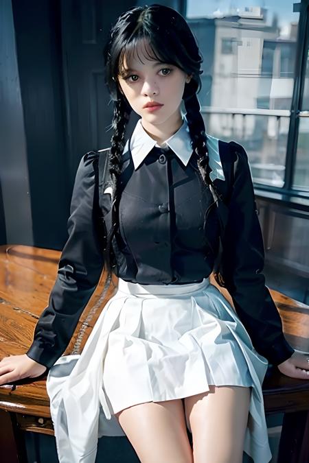 masterpiece, 1girl,  full body,  Wednesday Addams, goth, white shirt, unbuttoned shirt, big boobs, light blue skirt, school skirt, microskirt, miniskirt, thighs, realistic, indoor, classroom, table, unbuttoned shirt, nice boobs, cleavage, downbloobs, white shirt, black jacket, sexy look, bending over, looking at camera
 <lora:Wednesday:1>