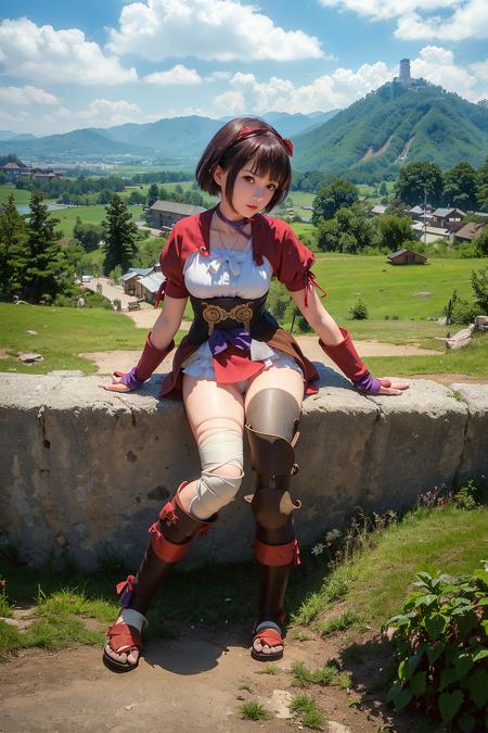 mumei_\(kabaneri\)，(8k, RAW photo, best quality, masterpiece:1.2), (realistic, photo-realistic:1.37),best quality,(photorealistic:1.4)best quality, beautiful lighting，1girl,looking_at_viewe，bandages,  (bandaged_leg), short_hair, breasts, ribbon_choker, solo, choker, brown_eyes, brown_hair, bandaged_leg,japanese_clothes,(fingerless_gloves),red_eyes, corset, purple_ribbon,blue_bow,(leg_wrap), howlbgs, mountains, clouds，(face),sash