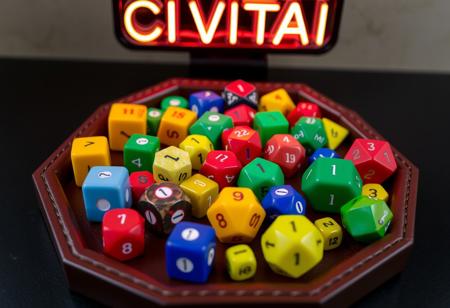 Many colorful polyhedral dice sit on a hexagonal leather dice tray. Cube dice, dodecahedron dice, octahedron dice, icosahedron dice.  All of the dice show the number "1" on their top face.  A neon sign reads "CIVITAI" above.