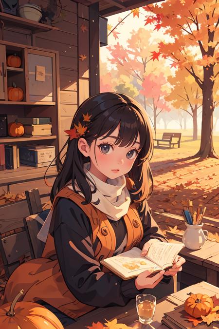 (masterpiece, best quality), 1girl, Cozy Autumn themed Illustration, 2D, professional Autumn illustration, fall decor, Autumn elements