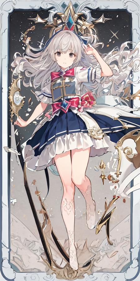 (masterpiece),(bestquality),((ultra-detailed)),(an extremely delicate and beautiful),dynamic pose,(1girl), solo, standing,full body, floating,border,card (medium),tarot,