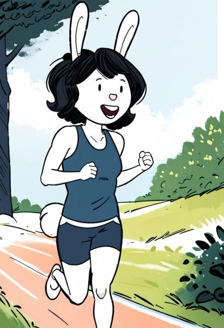 _r4b_, a woman, outdoors, running, laughing