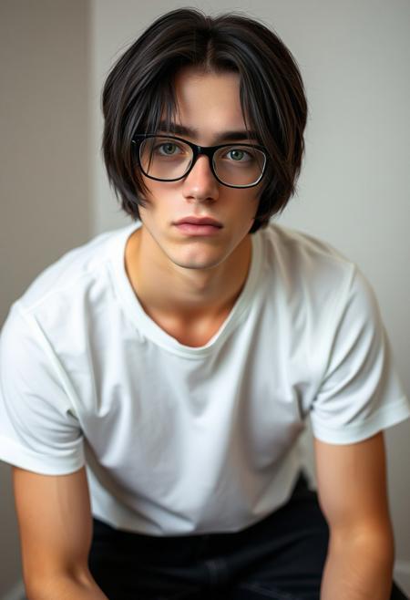 20 years old caucasian man, pale skin, black hair flows freely and touches his shoulders, thin, dark green eyes, glasses, looking at viewer, white t-shirt, black jeans