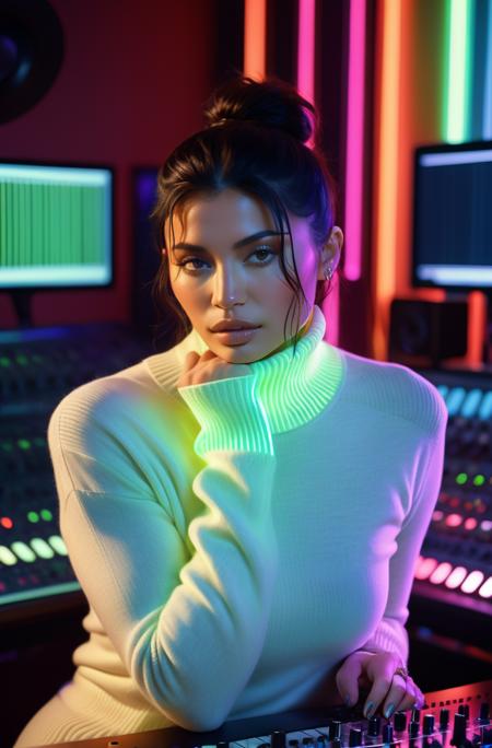 A photorealistic image of kl jnnr woman, wearing a warm turtleneck sweater, in a recording studio, captured during the evening, surrounded by instruments and sound equipment, with neon lighting effects, reflecting passion and creativity, in a futuristic setting, dramatic, highly detailed, analog film grain, bokeh