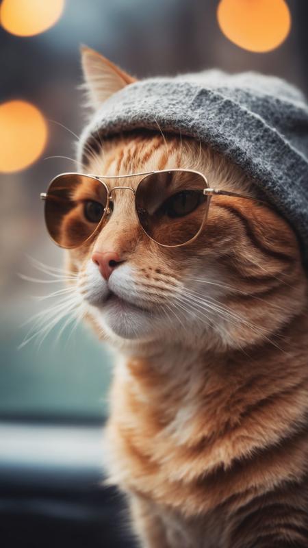 (dark mood photography by Simon Bray  and Markus Hofstätter:2) photo portrait of a orange cat with sunglasses and beanie, intense gaze,relaxed pose,open window, lens flare,bokeh effect,(soft focus,petzval,swirly bokeh:3), foggy place, atmospheric haze,  color graded, moody atmosphere, backlighting, night, city lights, film photography aesthetic,shallow depth of field,whimsical