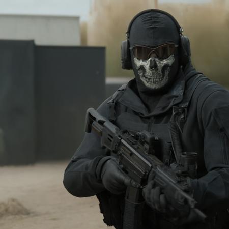 cinematic film still of Simon Ghost Riley a man in a black outfit holding a rifle modern warfare style,solo,gloves,1boy,weapon,male focus,bag,gun,mask,sunglasses,helmet,rifle,skull,assault rifle modern warfare style
<lora:Modern Warfare style:0.45> <lora:Simon Ghost Riley:1>, shallow depth of field, vignette, highly detailed, high budget, bokeh, cinemascope, moody, epic, gorgeous, film grain, grainy