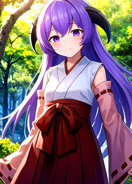 Hanyuu, 1girl, solo, purple eyes, horns, long hair, purple hair, japanese clothes, miko, detached sleeves, hakama, hakama skirt, skirt, red hakama, ribbon-trimmed sleeves,