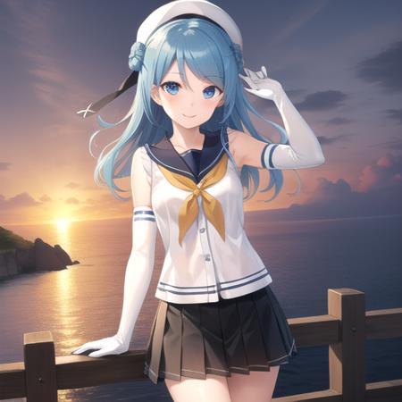 ((masterpiece)),(best quality),official art,extremely detailed CG,unity 8k wallpaper,ultra detailed,A lighthouse on a cliff by the sea,1girl,solo,cowboy shot,blue_hair,elbow_gloves,blue_eyes,school_uniform,serafuku,hair_bun,double_bun,white_headwear,yellow_neckerchief,white_gloves,pleated_skirt,sailor_hat,smile,long_hair,white_socks,<lora:Urakaze(kan)>,