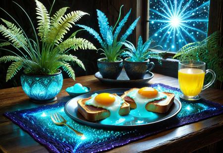 lazypos, volumetric lighting, soft glow diffusion, hyper-detailed textures, ambient occlusion, cinematic depth of field. A rustic wooden breakfast table set for one, bathed in ethereal bioluminescence. Two sunny-side-up eggs with yolks pulsing gold-amber, edges haloed in turquoise. Crispy bacon glistens with greasy sheen. Thick toast oozes bioluminescent butter, swirling violet and deep blue like liquid nebulas. The plate rests on a woven mat threaded with luminescent fibers, casting delicate light patterns. Potted bioluminescent plants surround the scene, sapphire orchids, star-dripping ferns, vines flickering jade-amethyst. Hanging blooms shed glowing nectar. Shadows stretch deep, framing the meal in dreamlike serenity. Hyper-realistic food textures, soft focus on peripheral glow, subtle light refraction in dripping butter. Mood: tranquil, otherworldly.
