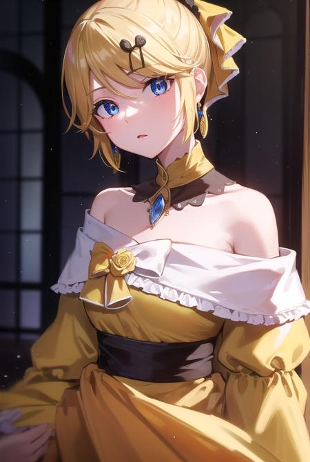 riliane, blonde hair, blue eyes, ponytail, short hair, parted bangs, bow, bracelet, dangle earrings, detached collar, dress, (yellow dress:1.5), dress bow, earrings, flower, flower brooch, frilled dress, frills, gown, hair bow, hair ornament, hairclip, jewelry, long sleeves, necklace, off shoulder, off-shoulder dress, pendant, sash, wide sleeves,