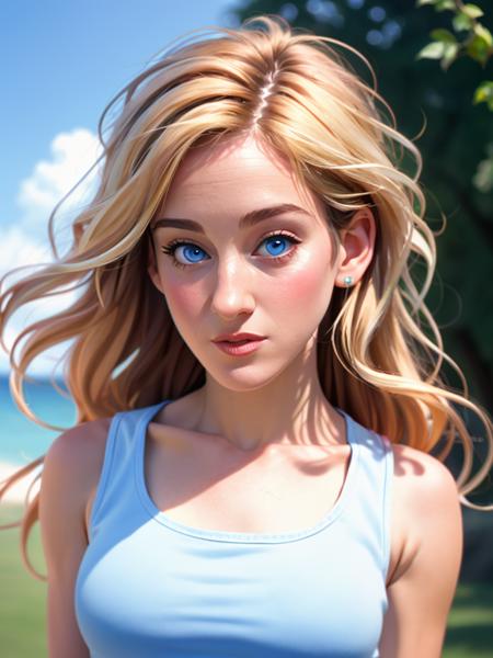 Realistic photo of a beautiful s4r4hjp woman, 1girl,solo,long hair,looking at viewer,blonde hair,blue eyes,upper body,outdoors,sky,sleeveless,day,signature,blurry,blue sky,lips,blurry background,tank top,messy hair,realistic,nose,white tank top, soft lighting, professional Photography, Photorealistic, detailed, RAW, analog, sharp focus, 8k, HD, high quality, masterpiece<lora:s4r4hjp:1.0>