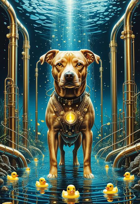 masterpiece, best quality, very aesthetic, absurdres, HyperDetailed Illustration, qu4ntum, epic background, underwater landscapes lit by luminescent (brass pipes) and (silver wires) and gold circuits, a full body dog covered in gold circuits, golden glowing eyes, vivid eye color, (beautiful eyes:1.2), (gradient iris, crisp iris edges), dog pose, glowing rubber duck in the background,