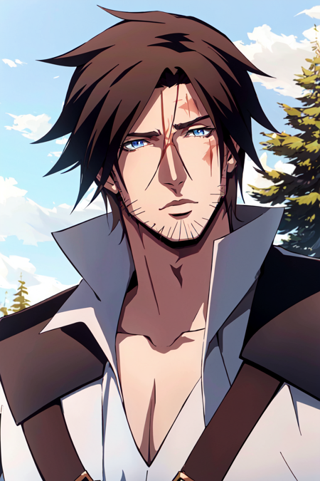 castlevania style,  1boy, male focus, solo, brown hair, facial hair, blue eyes, scar, tree, scar on face, outdoors, stubble, outdoors
, ((masterpiece))
<lora:castlevania_style_offset:1>