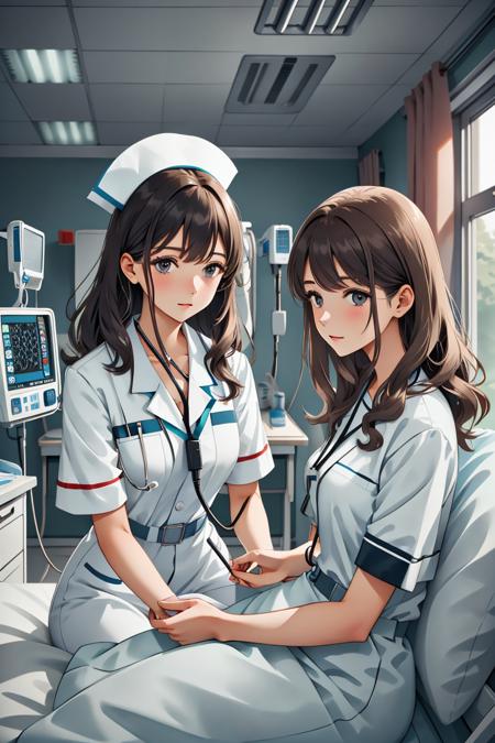 nurse taking vitals, 2girls, hospital bed,