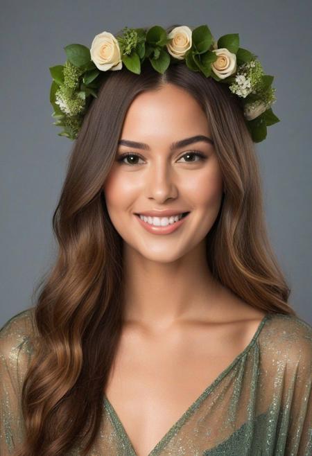 Create a highly realistic full body portrait of a young, slight smile, camera focused around 23 years old. The image should be detailed and lifelike, making it challenging to discern whether it's a real photograph or a digital creation. Focus on achieving realism in her facial features, skin texture, and hair, and ensure the lighting contributes to the overall authentic appearance. Hair is long and silky, floating in air, outdoor, floral crown, green and gold shading light,