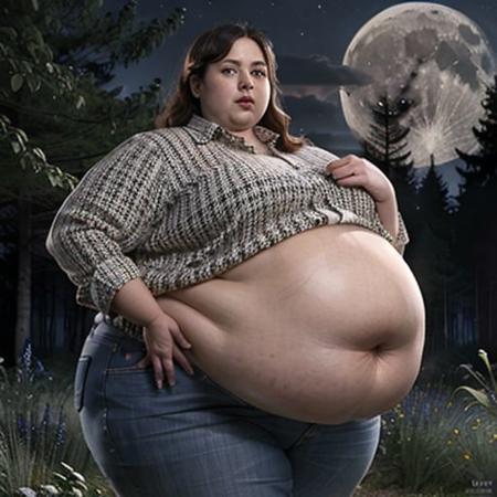 Realistic, photorealistic,
solo, 1girl,
fat, gigantic belly, gigantic belly, gigantic belly, gigantic belly, gigantic belly, gigantic belly, gigantic belly, gigantic belly, gigantic belly, gigantic belly, gigantic belly, gigantic belly, gigantic belly, gigantic belly, gigantic belly, gigantic belly, gigantic belly, gigantic belly, gigantic belly, gigantic belly, gigantic belly, gigantic belly, clothed midsection, collared shirt, jeans, night, moon, forest, cowboy shot, wide hips