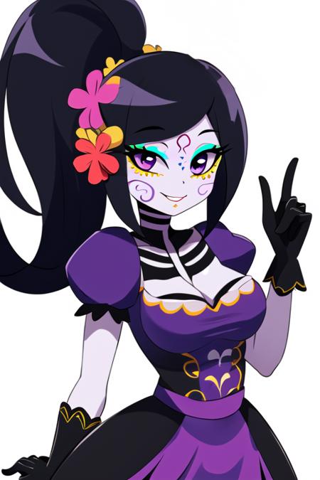 masterpiece, best quality, <lora:catalina_la_catrina:0.7> 1girl, solo, gloves, dress, hair flower, long hair, flower, hair ornament, smile, colored skin, yellow sclera, purple eyes, ponytail, breasts, colored sclera, looking at viewer, black hair, short sleeves, black gloves, purple dress, puffy sleeves, makeup, puffy short sleeves, medium breasts, white background, eyeshadow