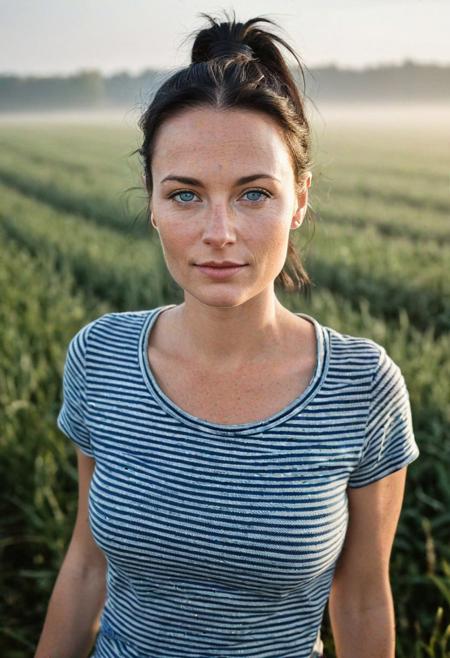 Stunning analog photo of a beautiful 38 years old Dutch woman, striped t-shirt, jeans, perfect face, absolute beauty, sexy pose, natural raven black hair, ponytail, blue eyes, freckles, freckles and moles all over body, absolute perfect tits, big tits, soft natural tits, walking through a beautiful field, early morning, misty, soft natural early morning light light,