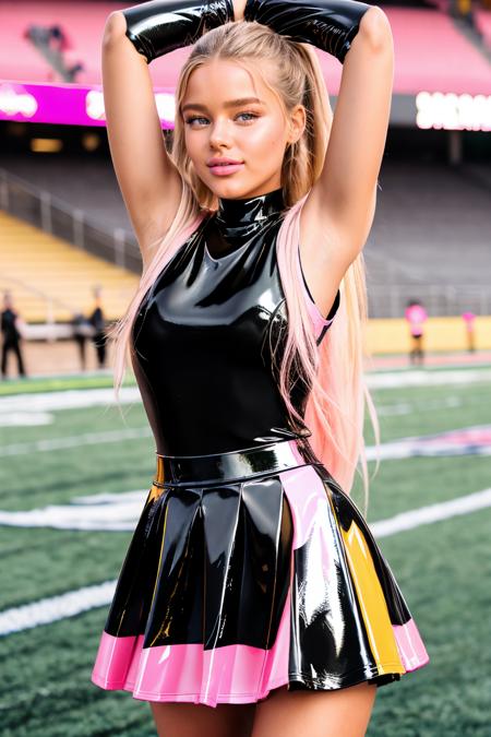 DV_Ducky_Vicious, (21 years old) , (skinny, slim, petite:1.3), long blonde twintail hair, smiling, posing, modern photo, (pleated latex skirt, sleeveless, latex skirt, sleeveless latex shirt, (skintight pink and black latex cheerleader dress)), shiny, slippery, rubbery, oily, glossy, skintight, <lora:Cheerleader_uniform:0.5>, <lora:anotherlatexlorav2:0.5>, (cowboy shot:1.3), (35mm, F/2.8) Photo Focus, DOF, Aperture, insanely detailed and intricate, character, hypermaximalist, beautiful, revealing, appealing, attractive, amative, hyper realistic, super detailed, beautiful woman, ((detailed eyes)), long eyelashes, (glossy lips), at the football field