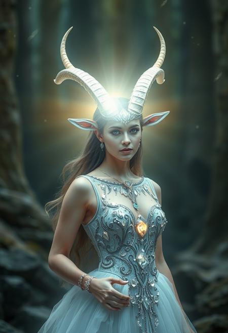 In a realm where light is a forgotten myth, where it lives a capricorn, beautiful woman in a diamond dress, very realistic, high detailed, 8k