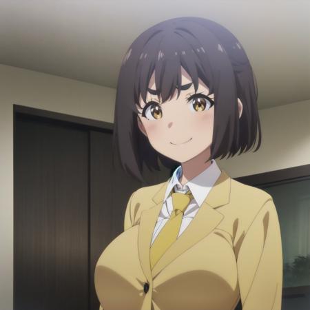 <lora:Nona_V2:0> <lora:FruitTartV2:1> anime coloring, 1girl, solo, looking at viewer, upper body, smile, closed mouth, thick eyebrows, indoors, fancy house, suit, tie, collared shirt, large breasts, black hair, short hair, ahoge, bangs, yellow eyes