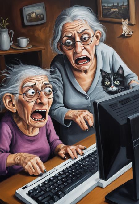 a painting of a (surprised:0.3) old woman playing in computer with a sad man and a crazy cat in the background, keyboard <lora:LojkinXL:0.3> ultra detailed