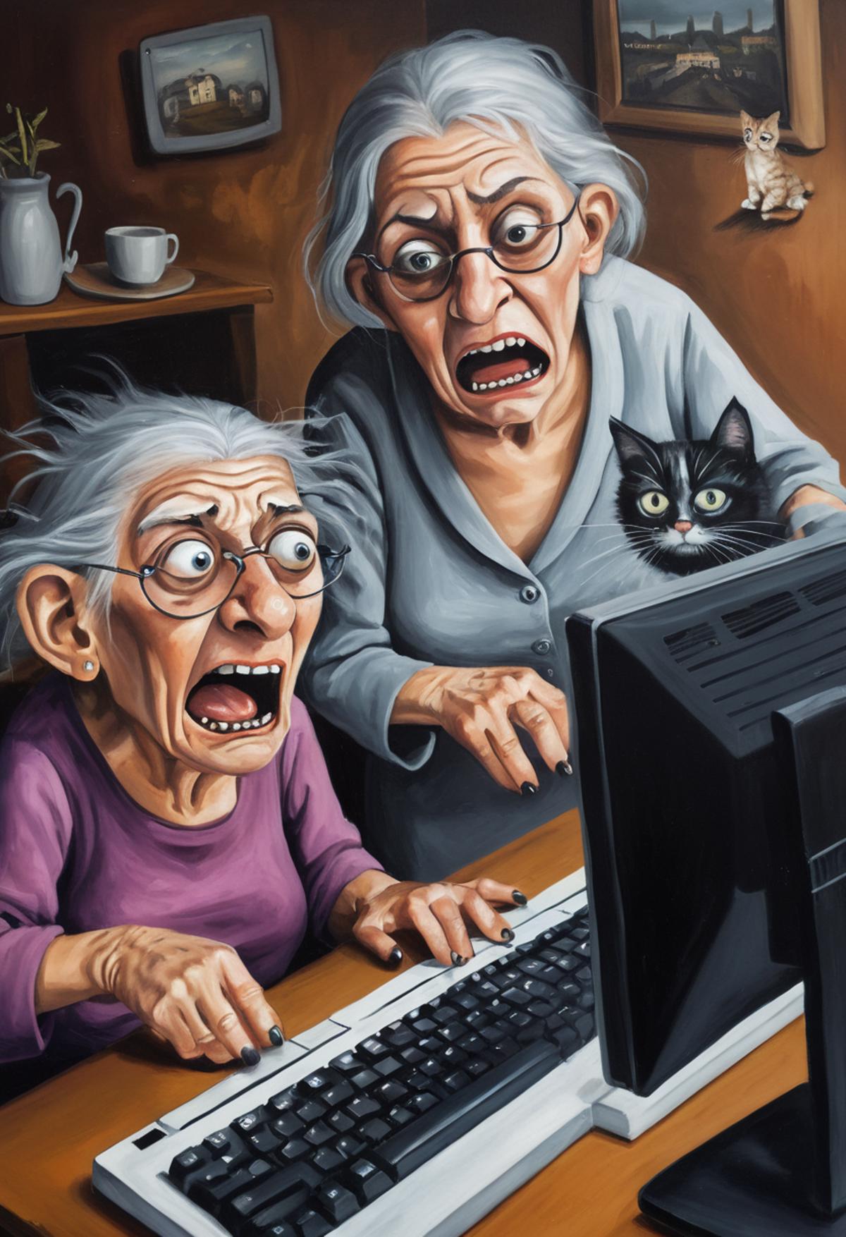 Two Older Women on Computers with a Cat in Their Lap