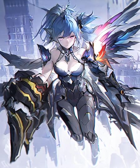 1girl, masterpiece, upper body, looking at viewer, gradient eyes, beautiful grey eyes, (small chest:1.2), futuristic fashion, armored knight, azure armor, white dress, dragon motif, mechanical part, light blue hair, multicolored hair, ponytail, angel motif, (floating city:1.3), 8K resolution, <lora:swd_06-000019:1>