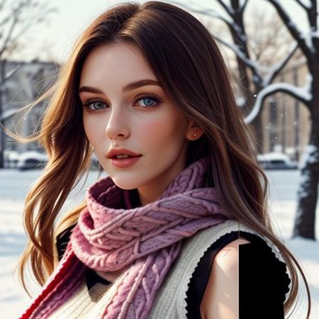 a beautiful woman with a sleeveless t-shirt and a long woolen winter scarf wrapped around her neck and with a soft and silky long free hair