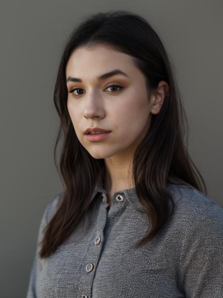 Realistic photo of a beautiful gr4c3f woman,1girl,solo,long hair,looking at viewer,simple background,shirt,black hair,long sleeves,closed mouth,upper body,grey background,black eyes,lips,black shirt,realistic,nose,soft lighting, professional Photography, Photorealistic, detailed, RAW, analog, sharp focus, 8k, HD, high quality, masterpiece<lora:gr4c3f:1.0>