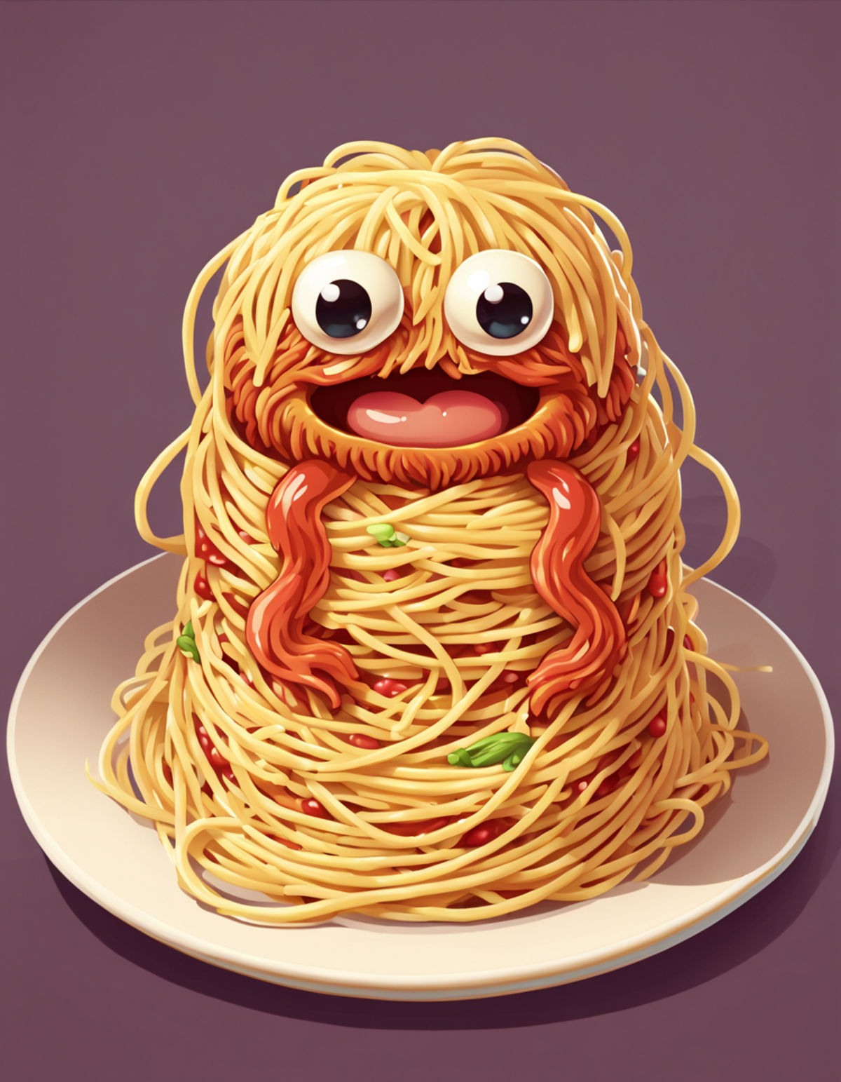 A plate of spaghetti with a face on top.