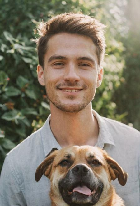 cinematic film still fashion photography portrait of 1man with dog as companion, headshot, sunlight , Fine Art & Beauty Photography – ,,light diffraction in frame, dreamy,hazy look.  Helios 44-2 lens mounted on a Praktica MTL 5B Helios 44M-4 lens, 58mm f/2,   in a garden. authentic happy smile