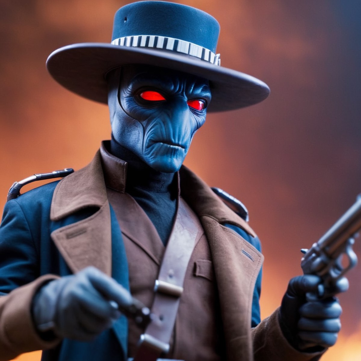 cinematic film still of  <lora:Cad Bane:1.2>
Cad Bane a blue skin big red eyes western man in a hat and trench coat with a...
