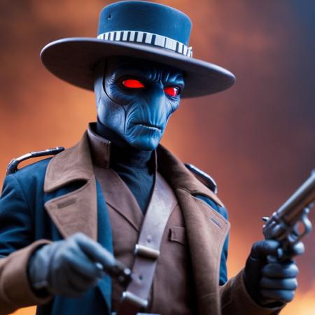 cinematic film still of  <lora:Cad Bane:1.2>
Cad Bane a blue skin big red eyes western man in a hat and trench coat with a gun belt with bullets In star wars universe, shallow depth of field, vignette, highly detailed, high budget, bokeh, cinemascope, moody, epic, gorgeous, film grain, grainy