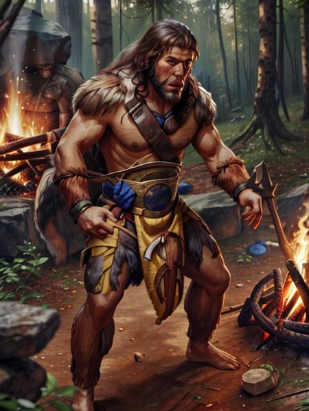 best quality, masterpiece, highres, detailed,  <lora:Detail - add_detail:0.2>, StoneAgeCh, yellow clothing, <lyco:Change - StoneAgeCh:0.8>, loincloth, caveman,  <lora:GideonJ:0.7>, GideonJ, facial hair, campfire, hunting bear,