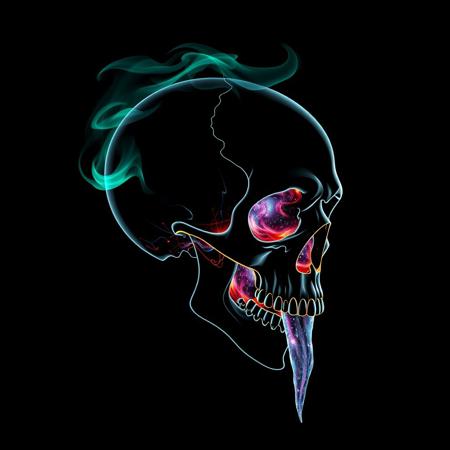 Cybernetic Skull, black background, slhouette black and white outline, skull made of smoke, neon teal_flames, pov sideview, smoke rises from back of skull, whole Galaxy in skull, mouth open pouring out Galaxy in a liquid form, Galaxy coming from open mouth of skull