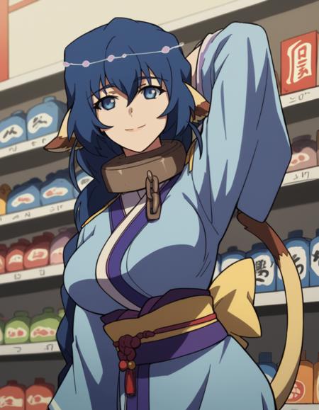 karura, blue hair, animal ears, blue eyes, long hair, braided ponytail, large breasts, tail, japanese clothes, kimono, collar, metal collar,