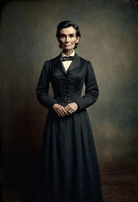 analog film photo hyperrealistic photography, raw-photo, 64k, full body shot, photo of the female version of abraham lincoln, faded film, desaturated, 35mm photo, grainy, vignette, vintage, Kodachrome, Lomography, stained, highly detailed, found footage