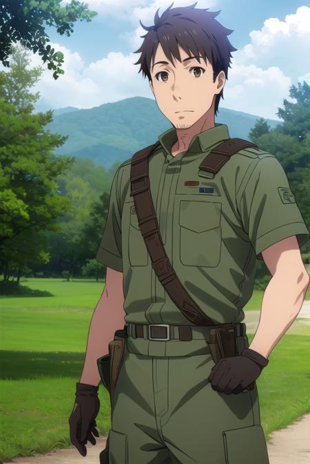 youjiitami, <lora:youji itami s1s2-lora-nochekaiser:1>,
youji itami, brown hair, (brown eyes:1.5), male focus, mature male,
BREAK gloves, uniform, military, military uniform, helmet, headset,
BREAK outdoors, forest, nature, grass, trees, sun, sky, clouds,
BREAK looking at viewer, (cowboy shot:1.5),
BREAK <lyco:GoodHands-beta2:1>, (masterpiece:1.2), best quality, high resolution, unity 8k wallpaper, (illustration:0.8), (beautiful detailed eyes:1.6), extremely detailed face, perfect lighting, extremely detailed CG, (perfect hands, perfect anatomy),