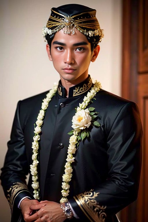 1boy, solo, photography, portrait of young adatjawapria man wedding black dress java, ornament, ornate, detail, realistic,...
