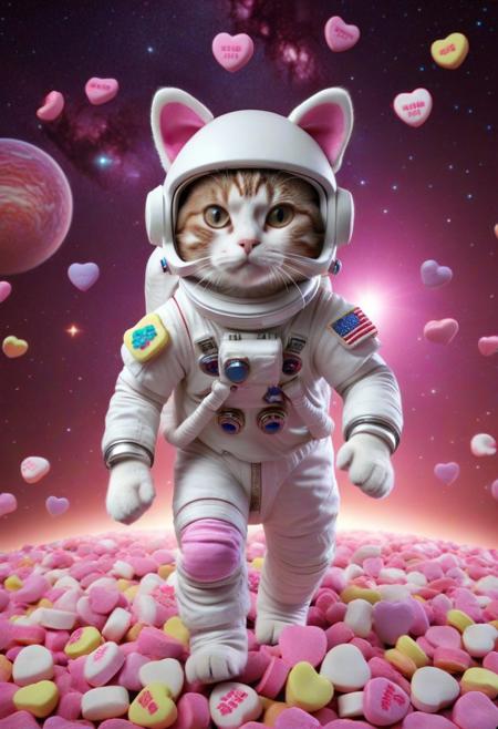 cute x made from candyhearts, text, astronaut cat, running on two legs, wear round goggles, wear animal ears helmet, on candy planet ground, space background, cinematic, cinematic lighting, (masterpiece, best quality:1.4), ultra-high res, 4k, Photorealistic, insanely detailed, sfw,