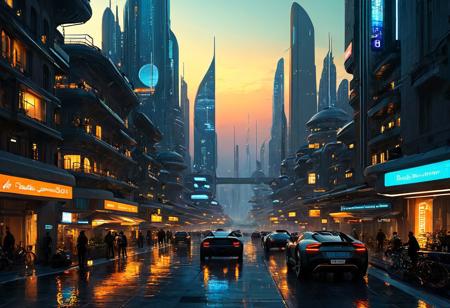 Best quality, masterpiece. A futuristic cityscape at dusk, in the style of Alejandro Burdisio, midjourneyv6.1