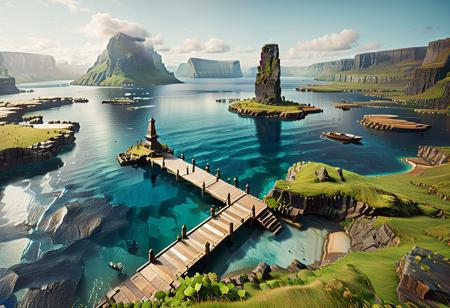 masterpiece, ultra-HD, very aesthetic, 8K, high detail, depth of field, score_9, score_8_up, erfect anatomy, no distorted limbs, accurate anatomy, best quality, absolutely eye-catching, ambient occlusion, serene landscape, tranquil yet majestic, pure scenery,
BREAK
Sørvágsvatn lake, Faroe Islands, cliffside lake, deep blue water:1.5, lush green surroundings:1.5, grassy cliffs:1.5, dramatic cliff edge:1.5, contrasting ocean below:1.5, overcast sky:1.2, distant misty hills:1.2, rugged terrain:1.2, calm lake surface:1.2, natural beauty:1.5,  
Chinese-style palace on the cliff:1.5, slate floor:1.5, intricate architecture:1.5, near-futuristic style world:1.5, glowing crystals embedded in cliffs:1.5, floating islands in the sky:1.5, obelisk in the center of the lake:1.5,  
floating wooden walkway from cliff to obelisk:1.5, wooden challenge structure:1.5, surreal wooden elements:1.3, ultra-detailed textures, hyper-realistic, cinematic composition, wide shot, wide-angle view, soft focus, subtle motion blur,
BREAK
multiple others, glitch art, 
BREAK
dynamic angle, 
BREAK
soft focus,
BREAK
advntr, usnr
