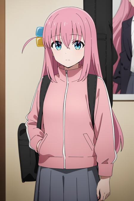 ((best quality)),((highly detailed)),masterpiece,absurdres,detailed face,beautiful face,(detailed eyes, deep eyes),1girl,((dynamic pose)) , <lora:BocchiLoraV1:0.7>, Bocchi, pink hair, jacket, cube hair ornament, hair ornament, pink jacket, track jacket, long hair, blue eyes, skirt, instrument case, bag, solo focus, hair between eyes, black skirt, one side up, bangs, closed mouth, pleated skirt, long sleeves, looking at viewer, poster (object), guitar case, indoors, expressionless, solo, grey skirt, standing, holding, instrument, guitar, pants, electric guitar, cowboy shot, backpack, shelf