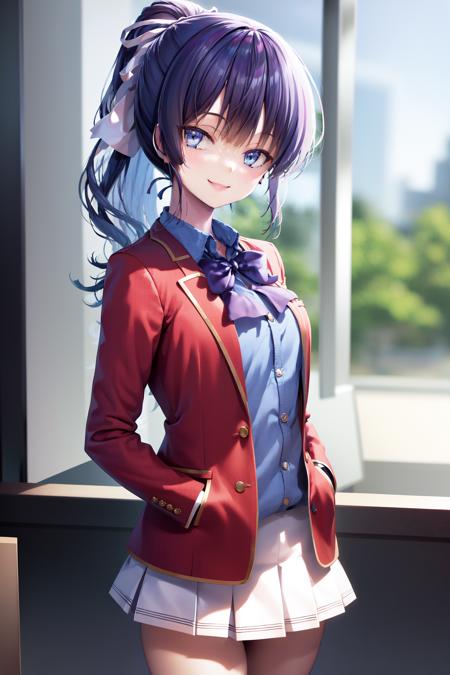 masterpiece, best quality, highres, 1girl amikura ponytail hair ribbon, school uniform white skirt red jacket blue shirt blue bowtie <lora:amikura:1> hands in pockets, looking at viewer, smile