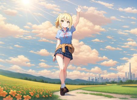 masterpiece, best quality, 1girl, solo,  <lora:ai_miyashita-10:0.65>, miyashita ai, blonde hair, yellow eyes, bangs, clothes around waist, nijigasaki academy uniform, full body, smile, outdoors, city, arm up, ponytail, waving, landscape, blue sky, jacket around waist, long skirt, sunlight, sunbeam, bokeh, flower field,