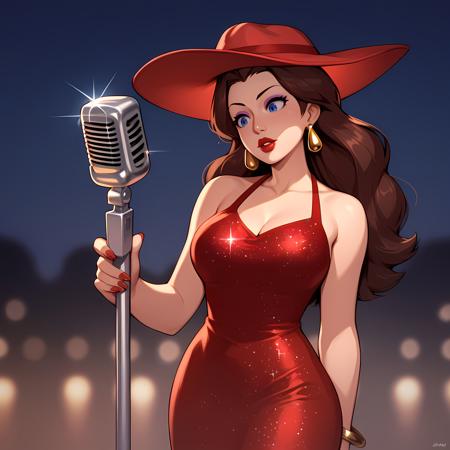 Pauline Earrings, makeup, long brown hair, hat, blue eyes, red dress